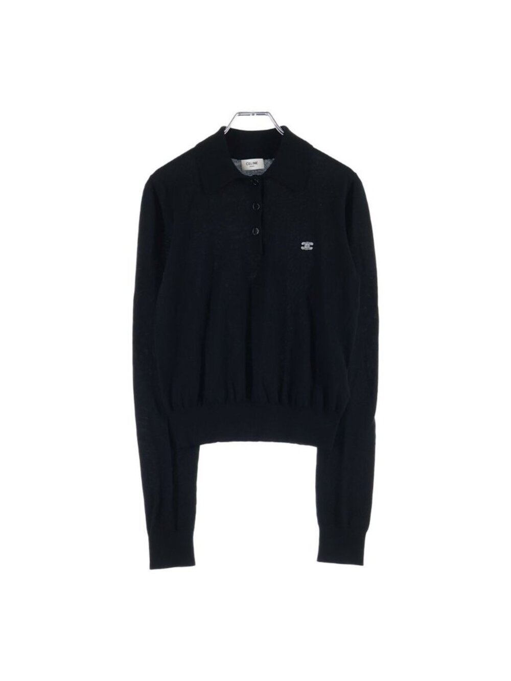 Celine Triomphe Logo Embroidery Long Sleeve Knit Polo Shirt Black